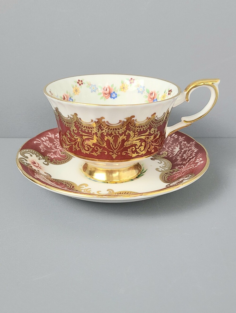PARAGON  By Appointment Burgundy White Gold Teacup Saucer Set